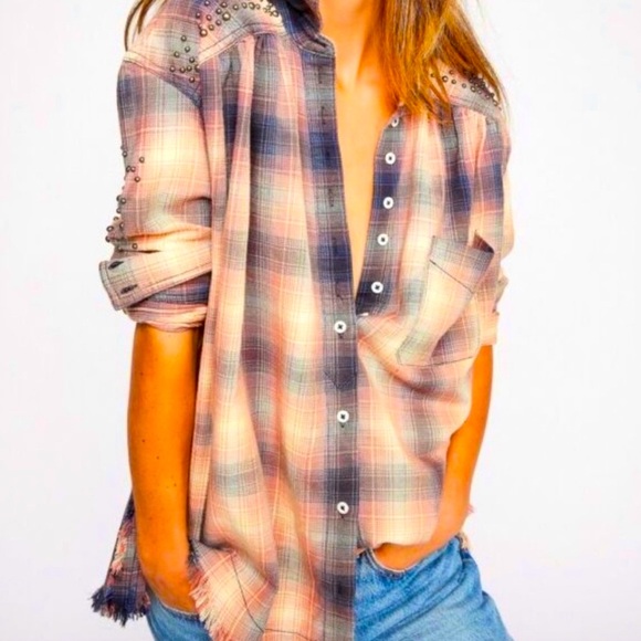 Free People • Take Me On Studded Plaid Fringe Button Down Long Sleeve Shirt XS - Picture 7 of 15